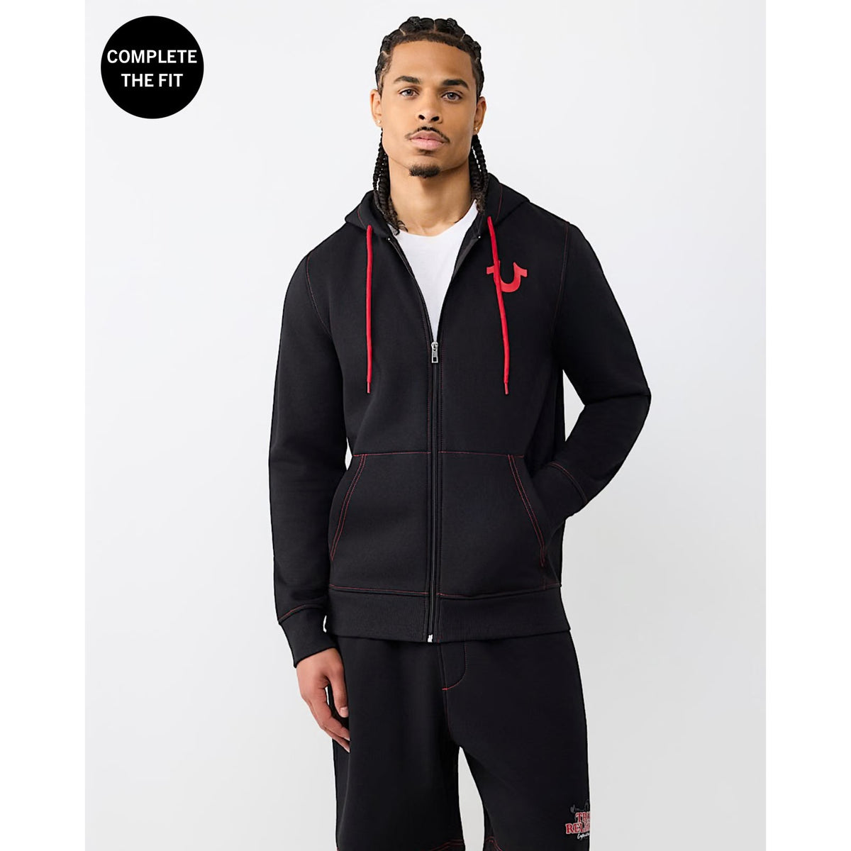 True Religion Logo Zip Hoodie - Black Red Stitch
