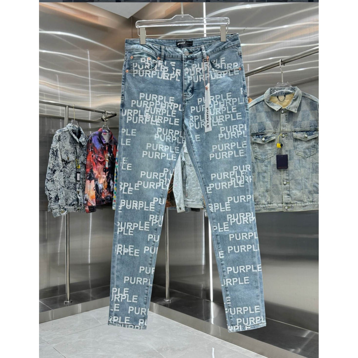 Purple Brand All-Over Logo Print Jeans - Light Blue