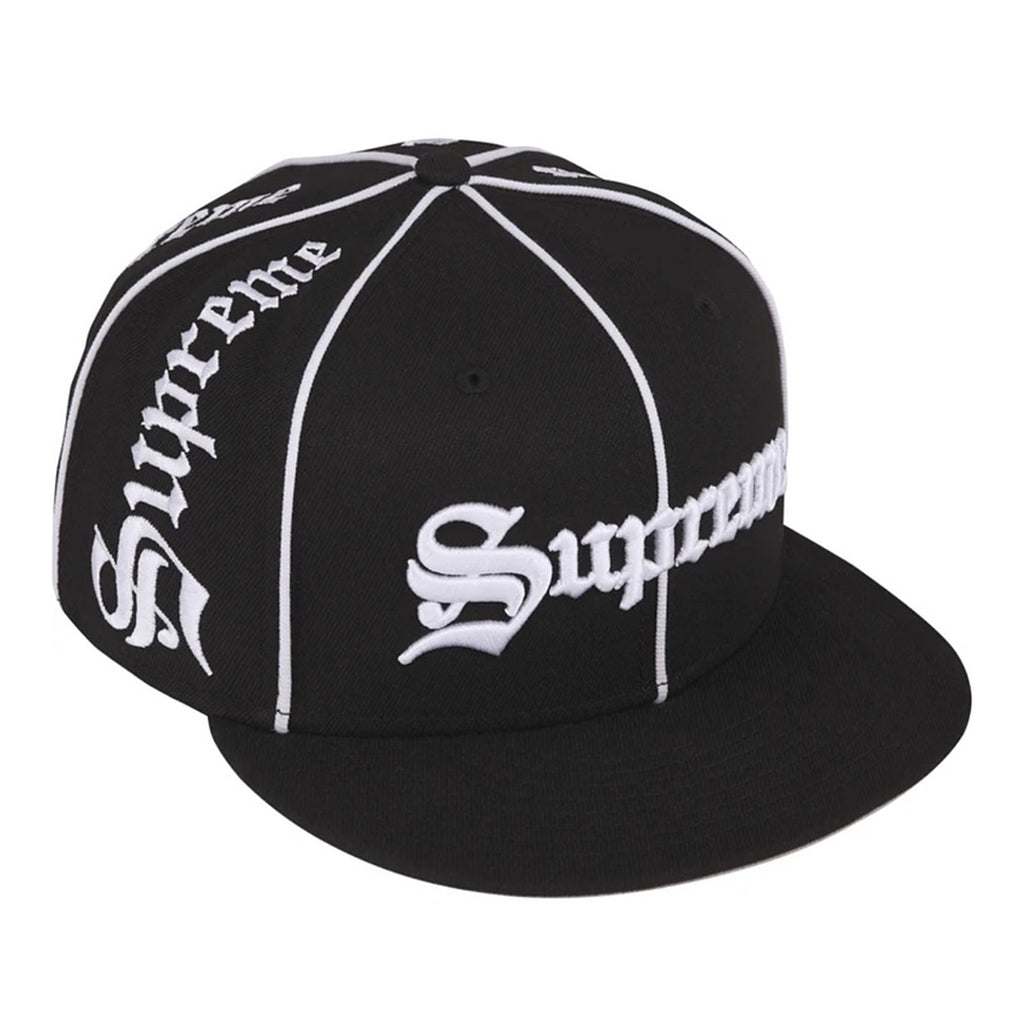 Supreme Piping Script New Era Fitted Hat Black - front angle